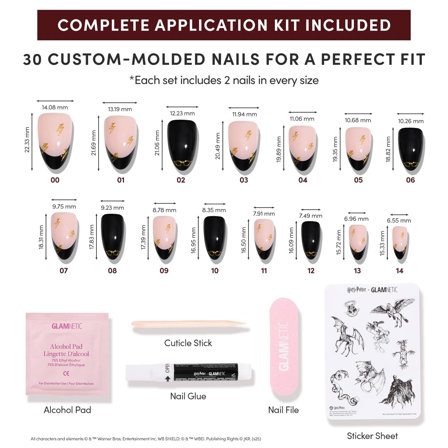 Harry Potter™ x Glamnetic Press-On Nails Bundle - Harry Potter™, Hailey & Fall Mauve | Short Almond Fake Nails with Black French Tips, Glasses & Hidden Lightning Details, Officially Licensed | Glazed