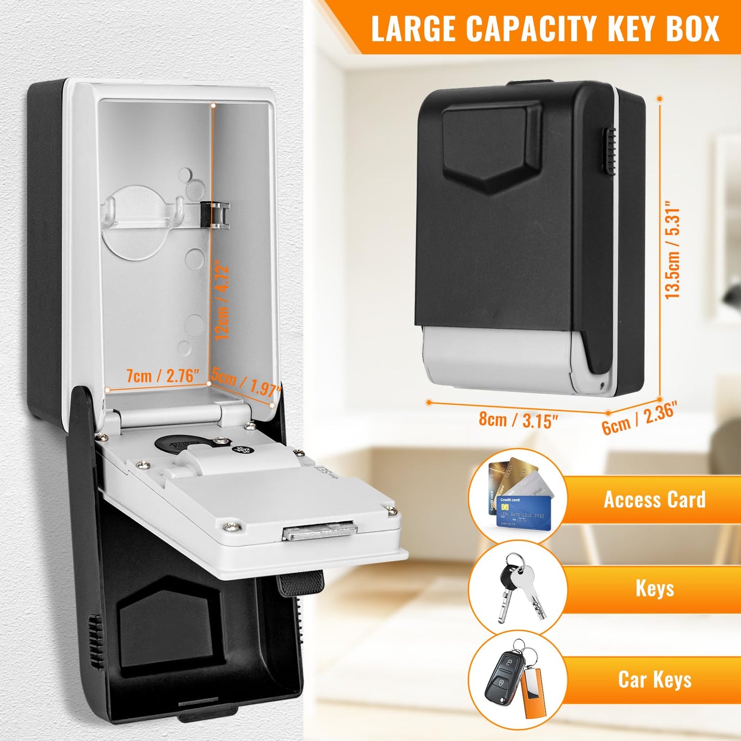 HUANLANG Key Lock Box Wall Mount - Outdoor Combination Lock Box with 6 Dials Light Up, Waterproof Key Safe Large Capacity for House Office Garage School