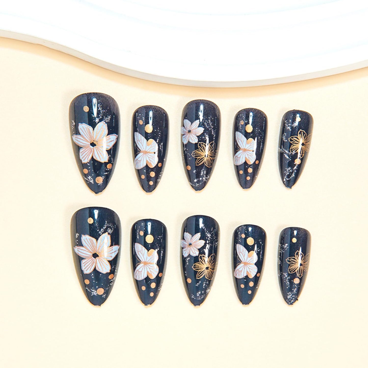 Flower Black Press on Nails Medium Artificial Acrylic False Nails Metal Butterfly with Stick on Nail Full Cover Rhinestones Almond Reusable Coffin Artificial Floral Fingernails for Women Manicure