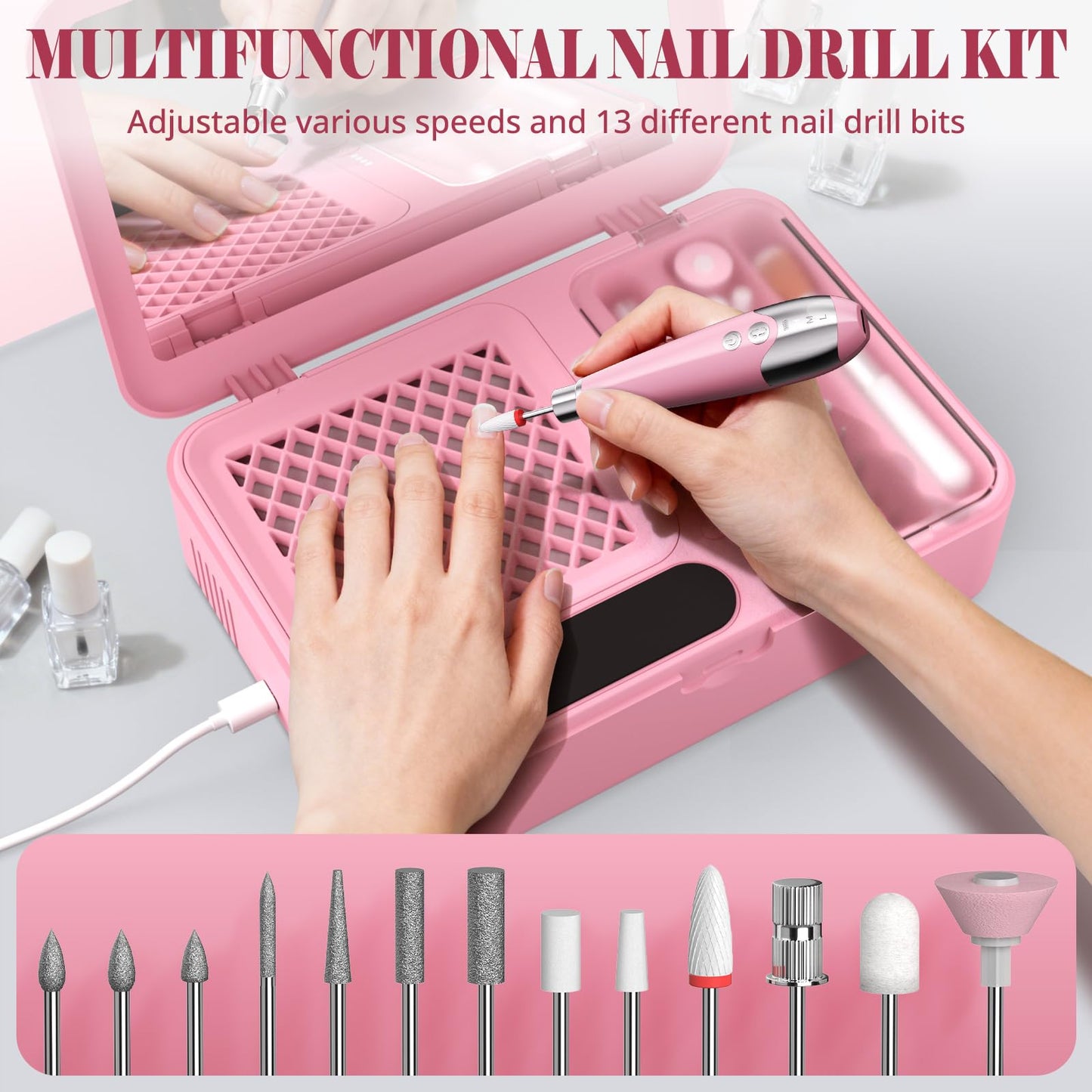 Nail Dust Collector and Cordless Electric Nail Drill File Kit, Professional Portable Manicure Pedicure, 13 Bits, HPro Powerful Dust Suction Machine for Home Salon - Pink