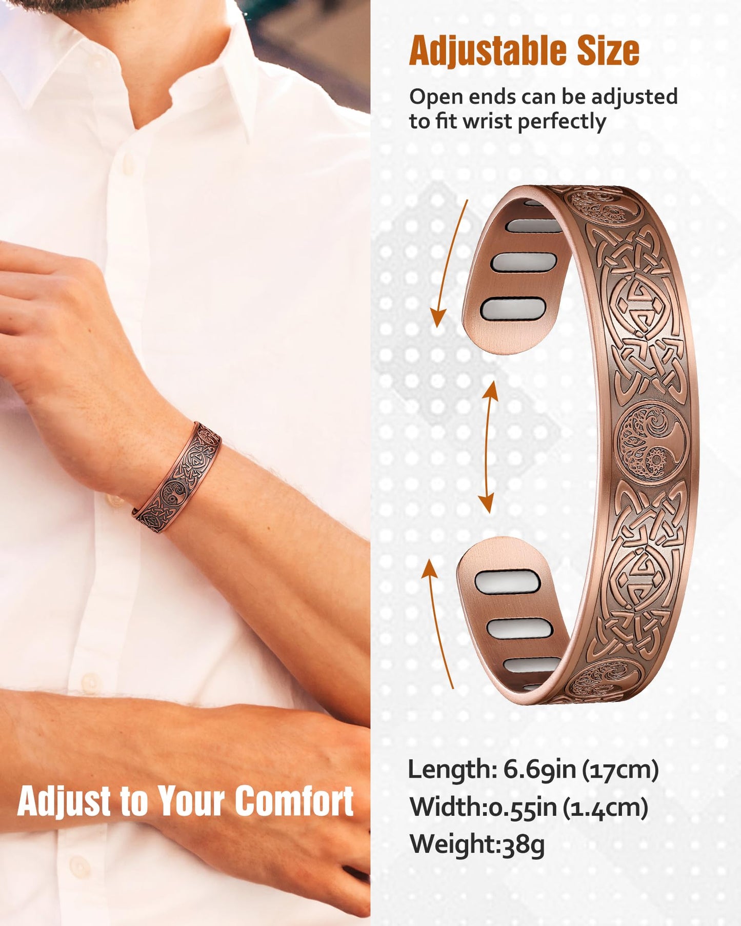 Jecanori Copper Magnetic Bracelets for Men and Women–Upgraded Oval Magnets-Adjustable Cuff Bangles