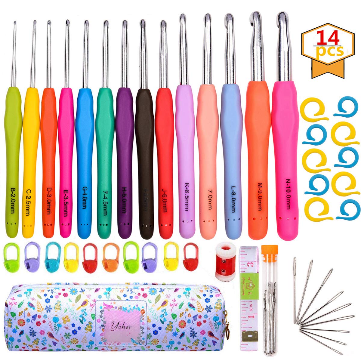 YOKER Crochet Hooks Set, 14 Sizes 2mm(B)-10mm(N) Ergonomic Crochet Needles with Case for Arthritic Hands, Extra Long Crochet Kit