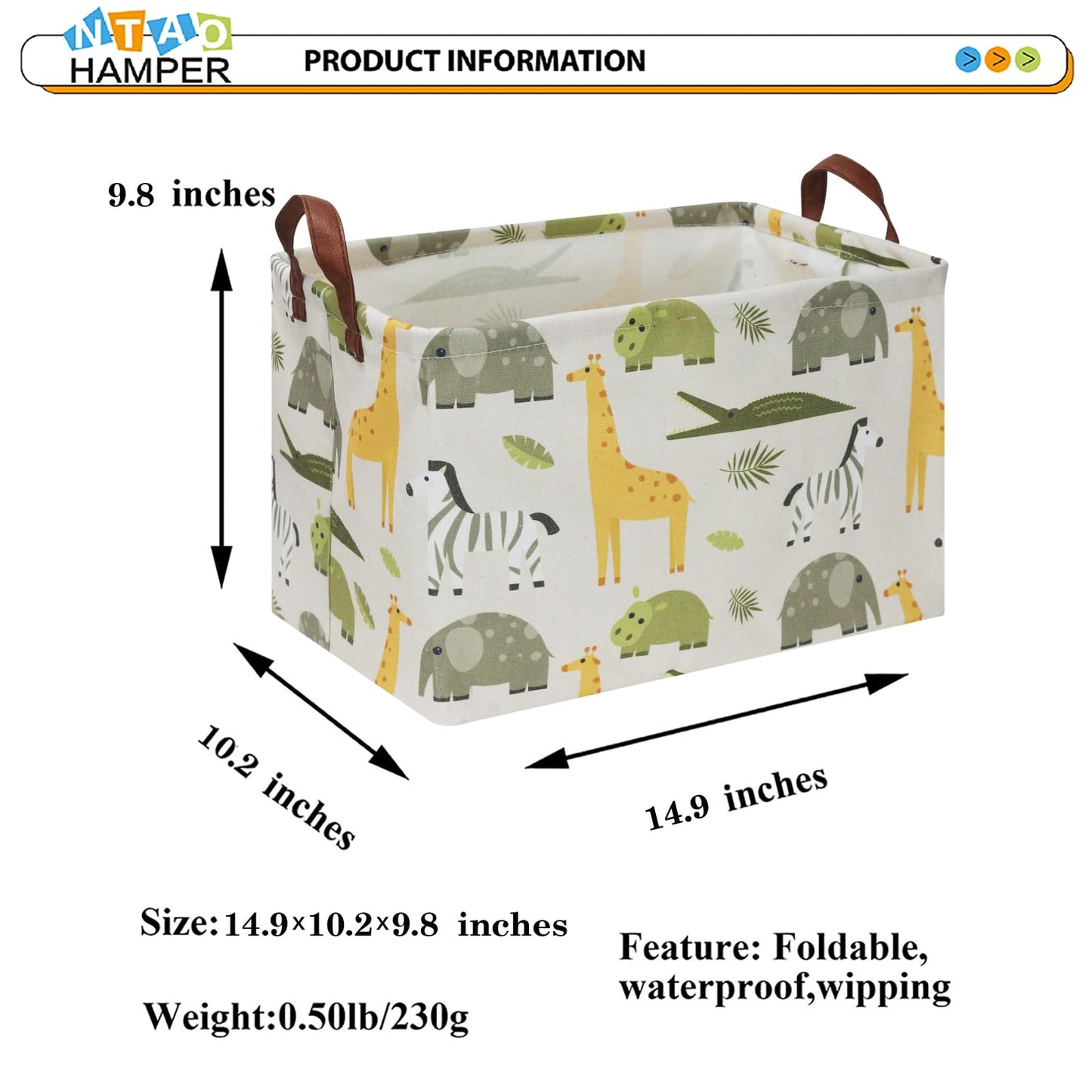 NTAOHAMPER Rectangular Green Storage Basket,Collapsible Gift Basket with Handles,Kids Toys/Books Box,Room Decor(Green Animal)