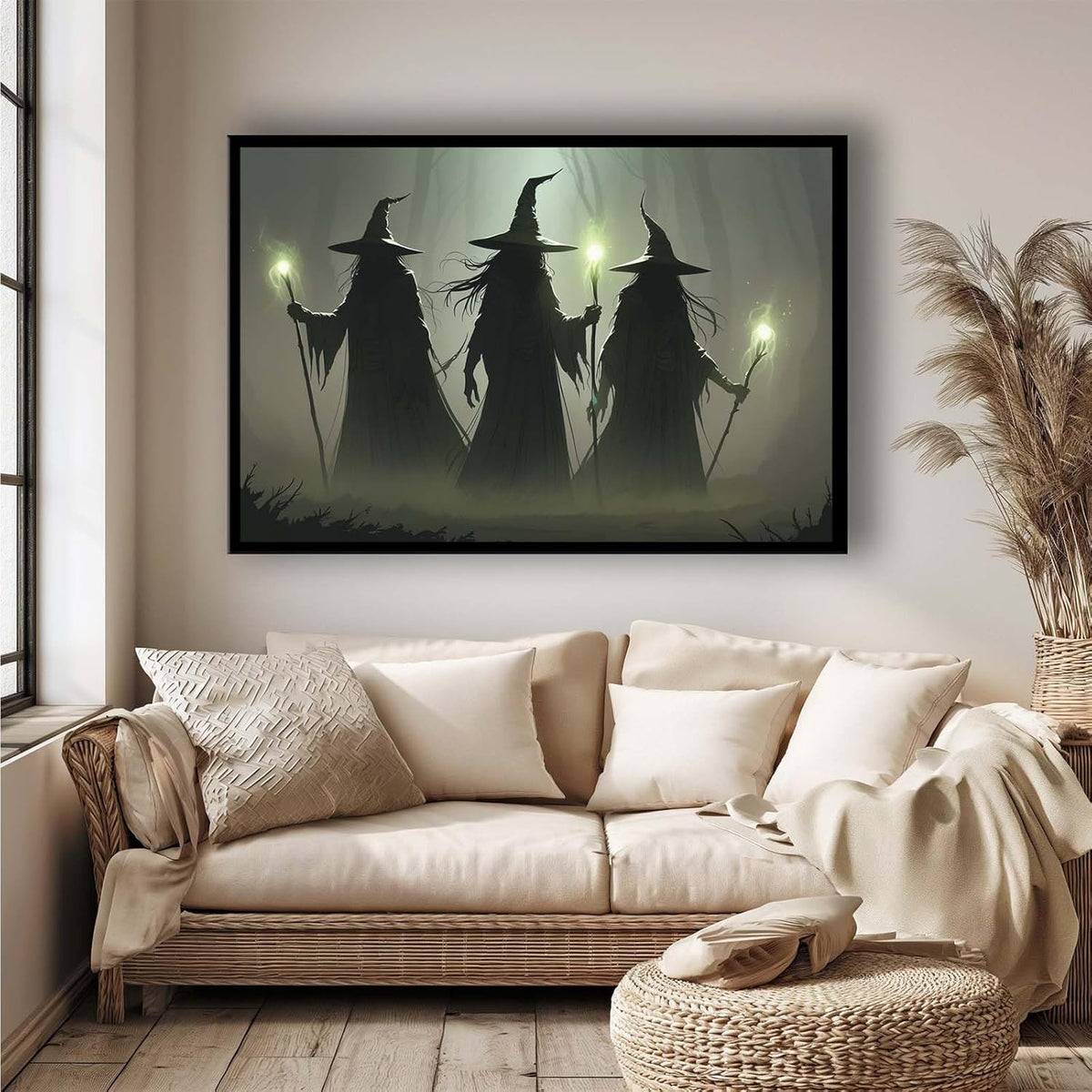 JFHCQJPK Vintage 3 witches canvas wall decor melancholy dark Halloween poster wall decor holding a staff print Gothic horror Halloween painting print for living room bedroom20x30in Metal blackFramed