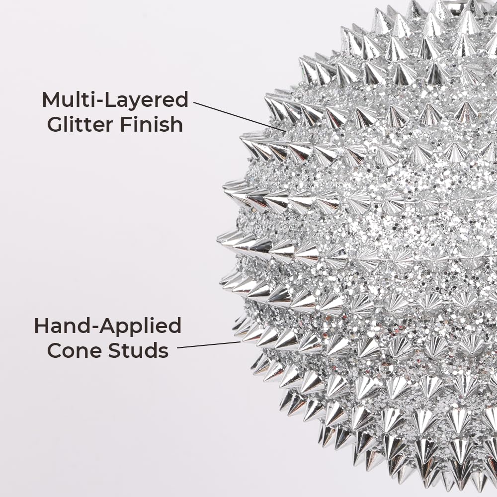 Spiked Glitter Christmas Ornaments, 4PCS 4.33" Handcrafted Cone Stud Ball Decorations in Punk Rock Gothic & Modern Glam Style, Shatterproof Christmas Tree and Holiday Decor for Home Party or Gift