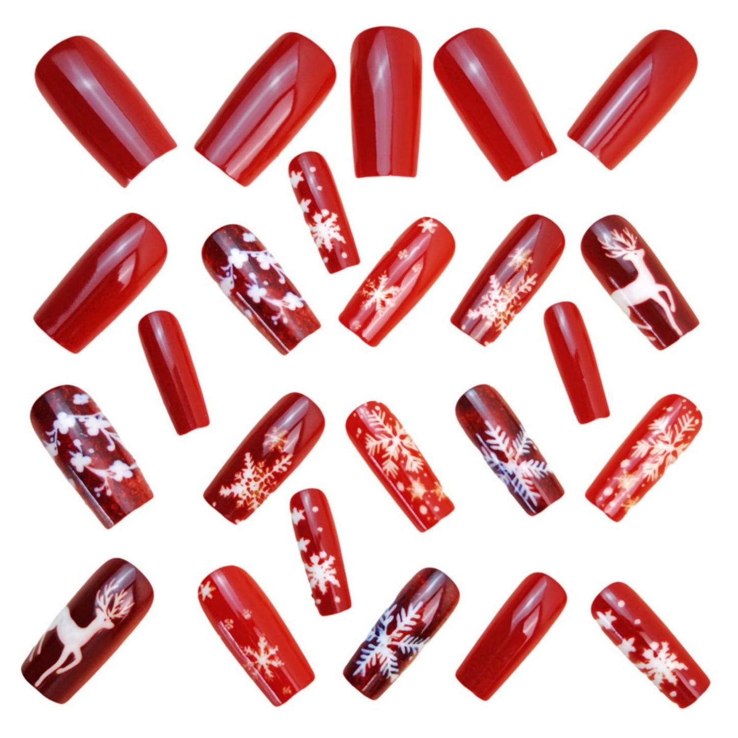 Christmas Press on Nails Medium Coffin Fake Nails White Elk Designs Winter Snowflake False Nails Full Cover Red Glitter Stick on Nails Sparkly Acrylic for Women 24 Pcs