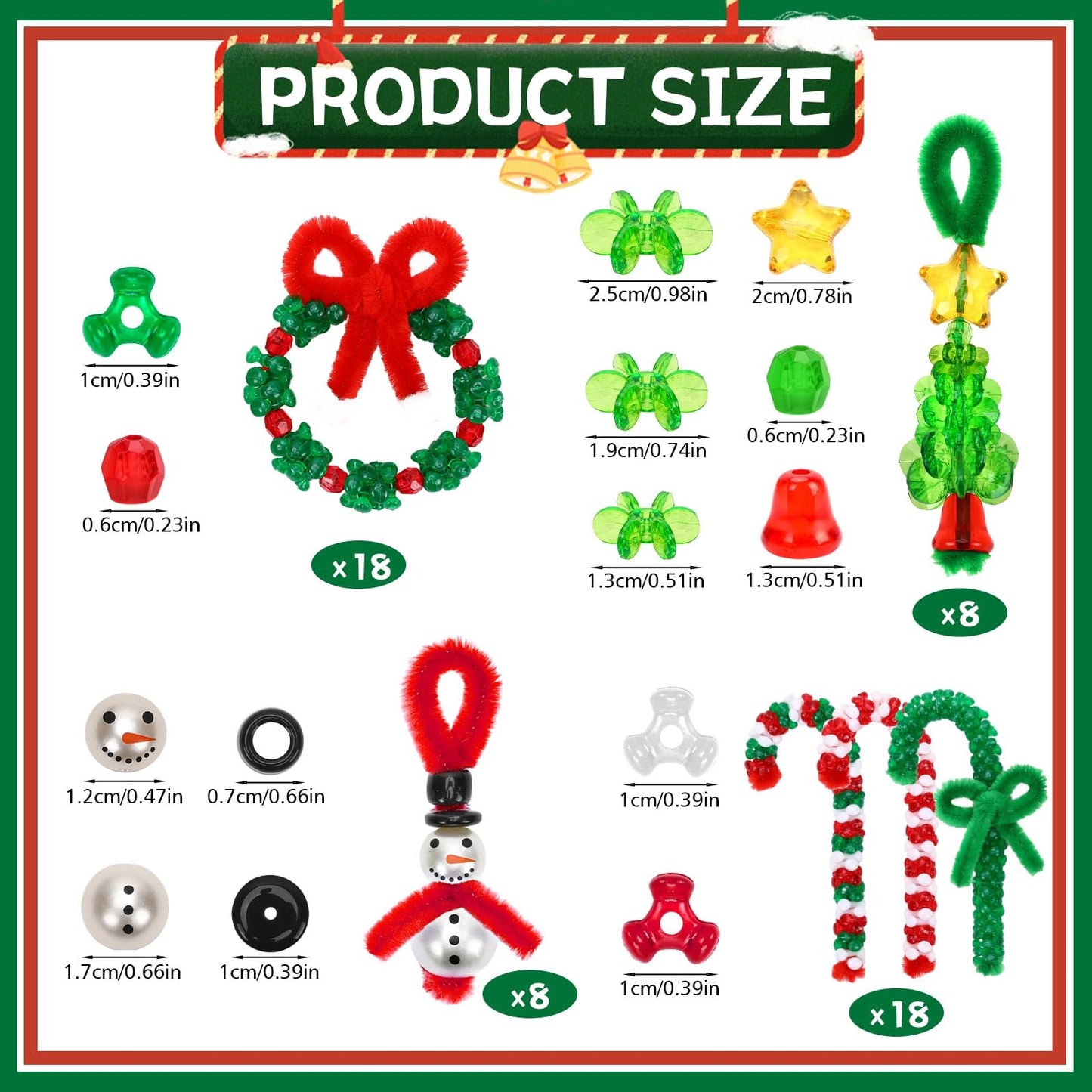UPINS Christmas Beaded Ornament Kit, 52 Set Christmas Beaded Crafts Ornament Kit Tree Snowman Candy Cane Wreath Make Accessories for Hanging Wreath Cane Jewelry Making
