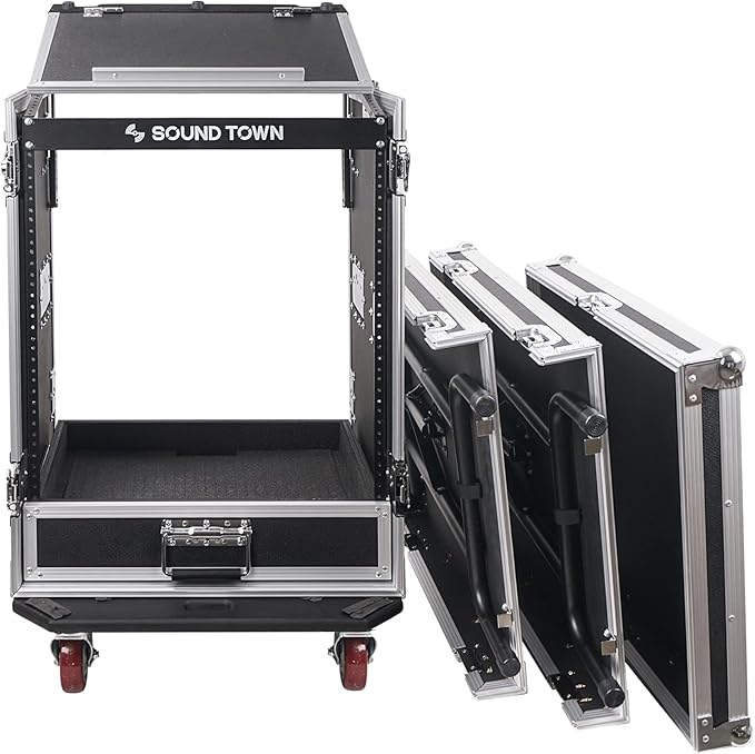 Sound Town 14U PA DJ Pro Audio Rack/Road ATA Case with 2U Drawer, 11U Slant Mixer Top, Two DJ Work Tables, Casters, Pro Tour Grade (MR-DR14UT2)