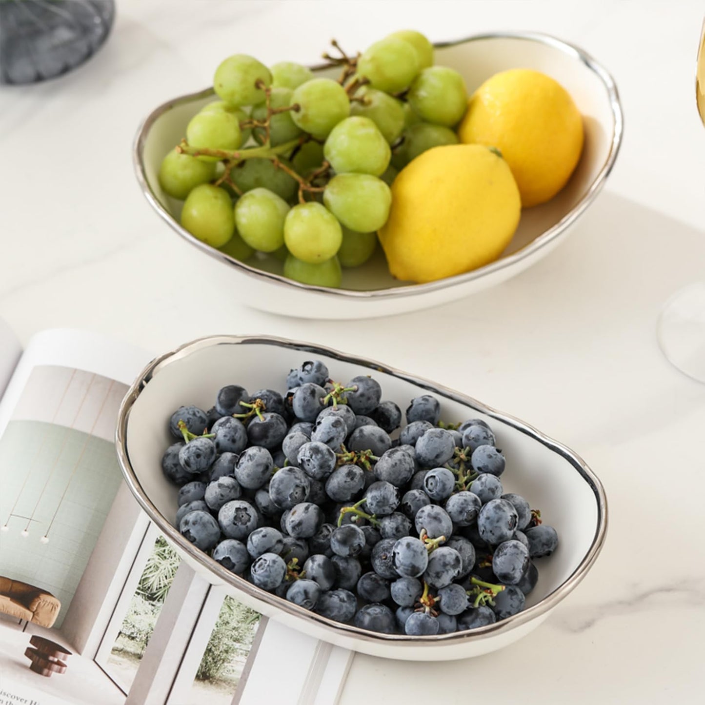 HOMKULA 2 Tier Ceramic Fruit Bowl for Kitchen Counter, Tiered Fruit Basket for Countertop, Modern Multi Layer Fruit Display Stand for Party, Cute (Silver-rimmed, Small)