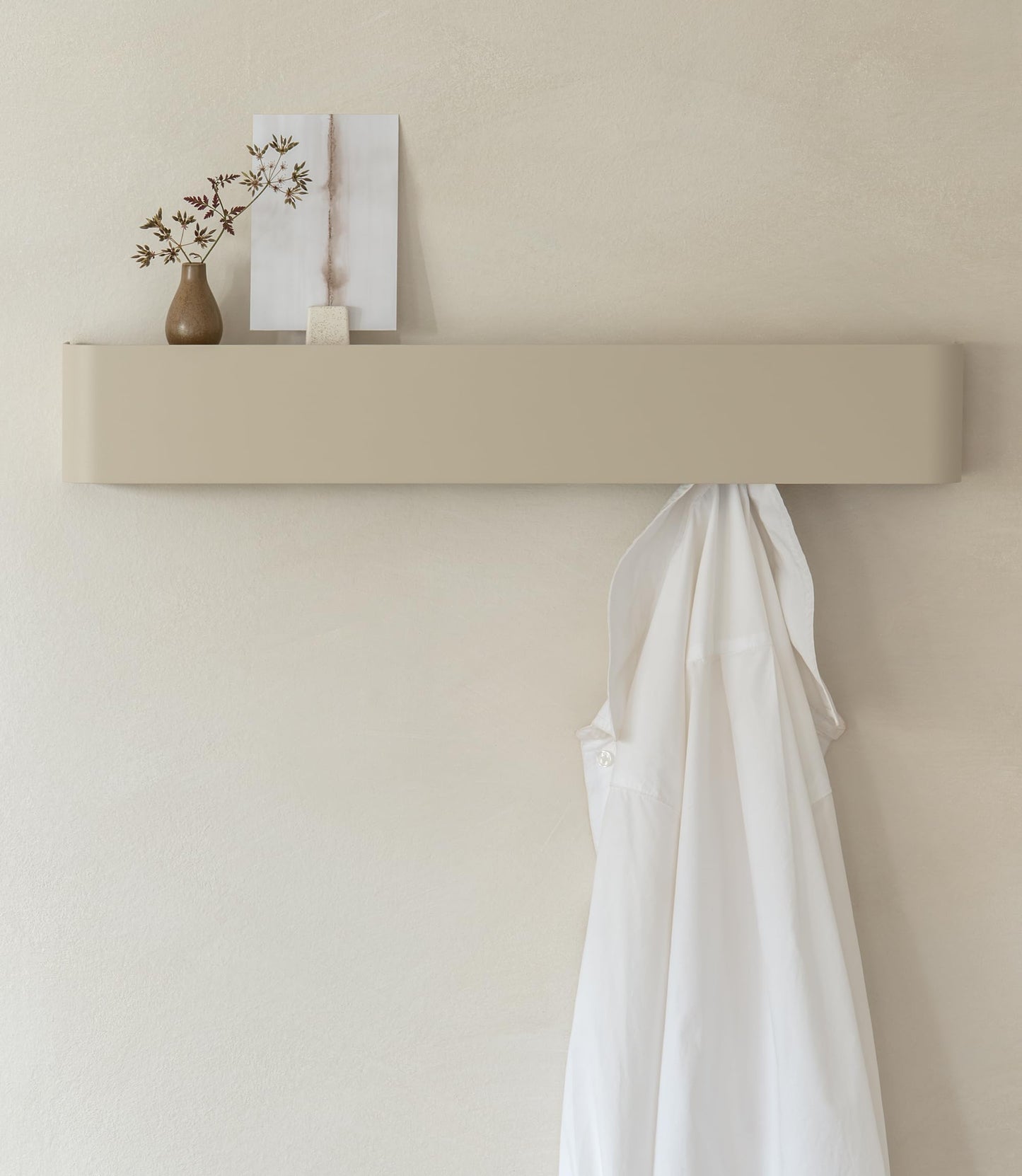 Kazai. Coat Rack Wall Mount with Shelf 'Tone' | Modern Design Coat Hanger with Hidden Hooks and Storage | Hat Rack with Shelf in Metal | Wall-Mounted Purse Organizer | Taupe