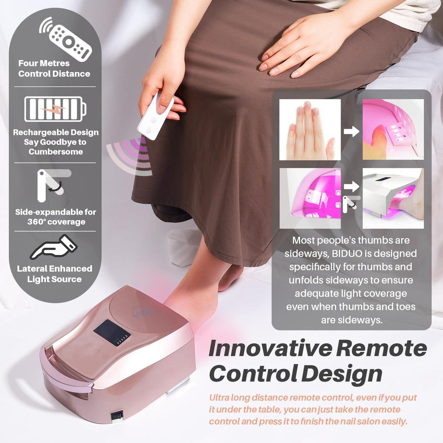 BIDUO UV LED Nail Lamp,96W Rechargeable Cordless Nail Dryer, 52 Beads Quick Dry with Remote Control,4 Timers,Auto Sensor,Key Sound,Built-in Cooling Fan,Professional Gel Polish UV Light (Pink)