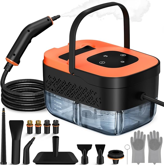 Steam Cleaner, Portable Steamer for Cleaning with 16pcs Accessories, 6-Level Adjustable, 15s Heat-Up, Handheld Steam Cleaner for Home for Tile, Grease, Dirt, Grout, Car Detailing, Orange