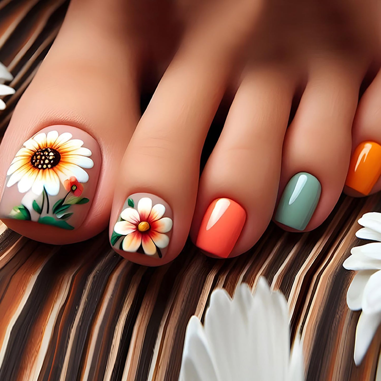 FIEONCIY 24pcs Press-on Square Acrylic False Nails Set with Glue, Chrysanthemum Pattern, Spring/Summer, Modern Style, Full Cover Nails, Multicolor, Glossy Finish