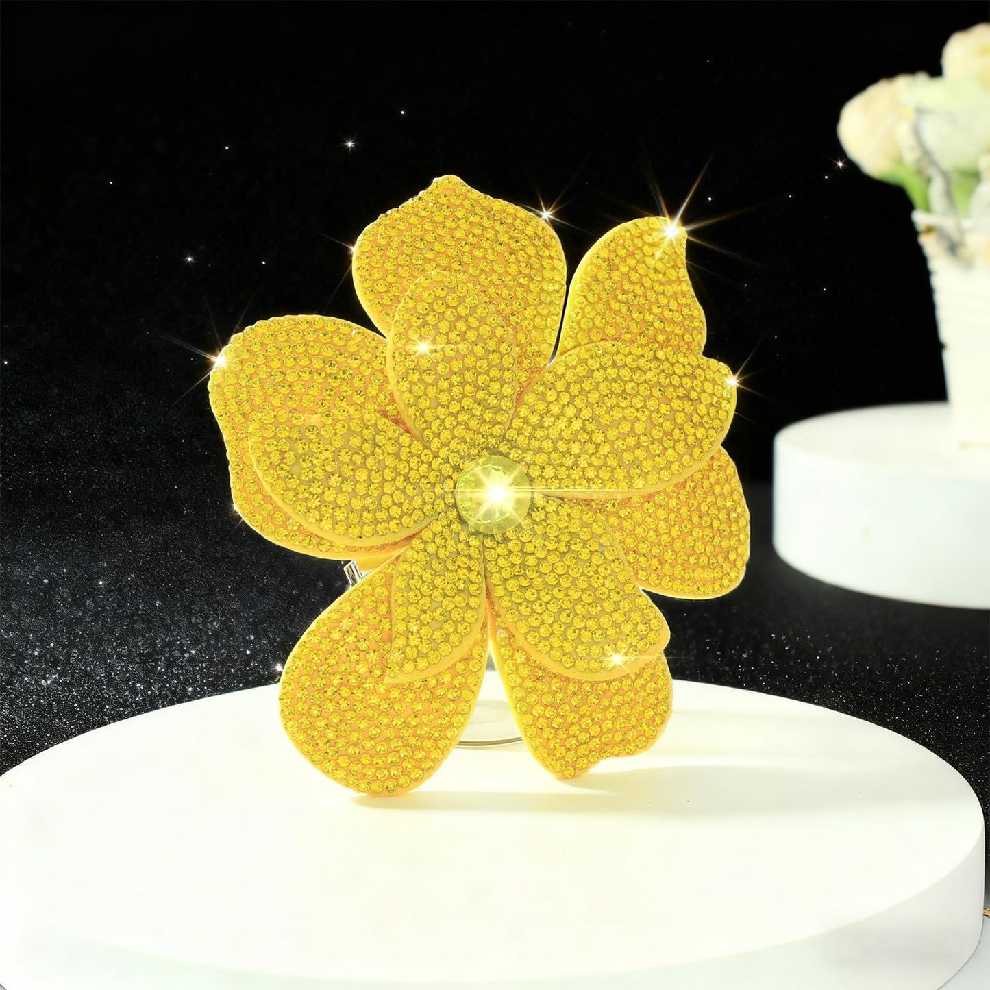 Merdia 3.74 Inches Rhinestone Camellia Flower Brooch Pins & Hair Clips for Women Elegant Created Crystal Lapel Pin Brooches Wedding Party Yellow