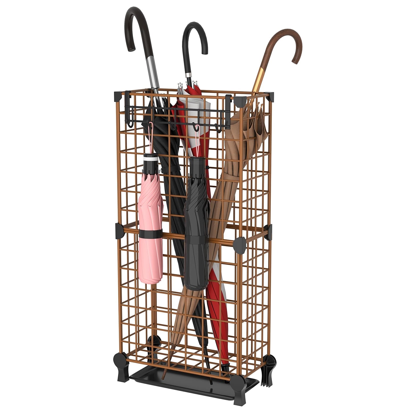 AWTATOS Umbrella Holder Entryway, Umbrella Stand Freestanding, Metal Square Umbrella Rack Organizer with a Removable Drip Tray, Hooks, Brown
