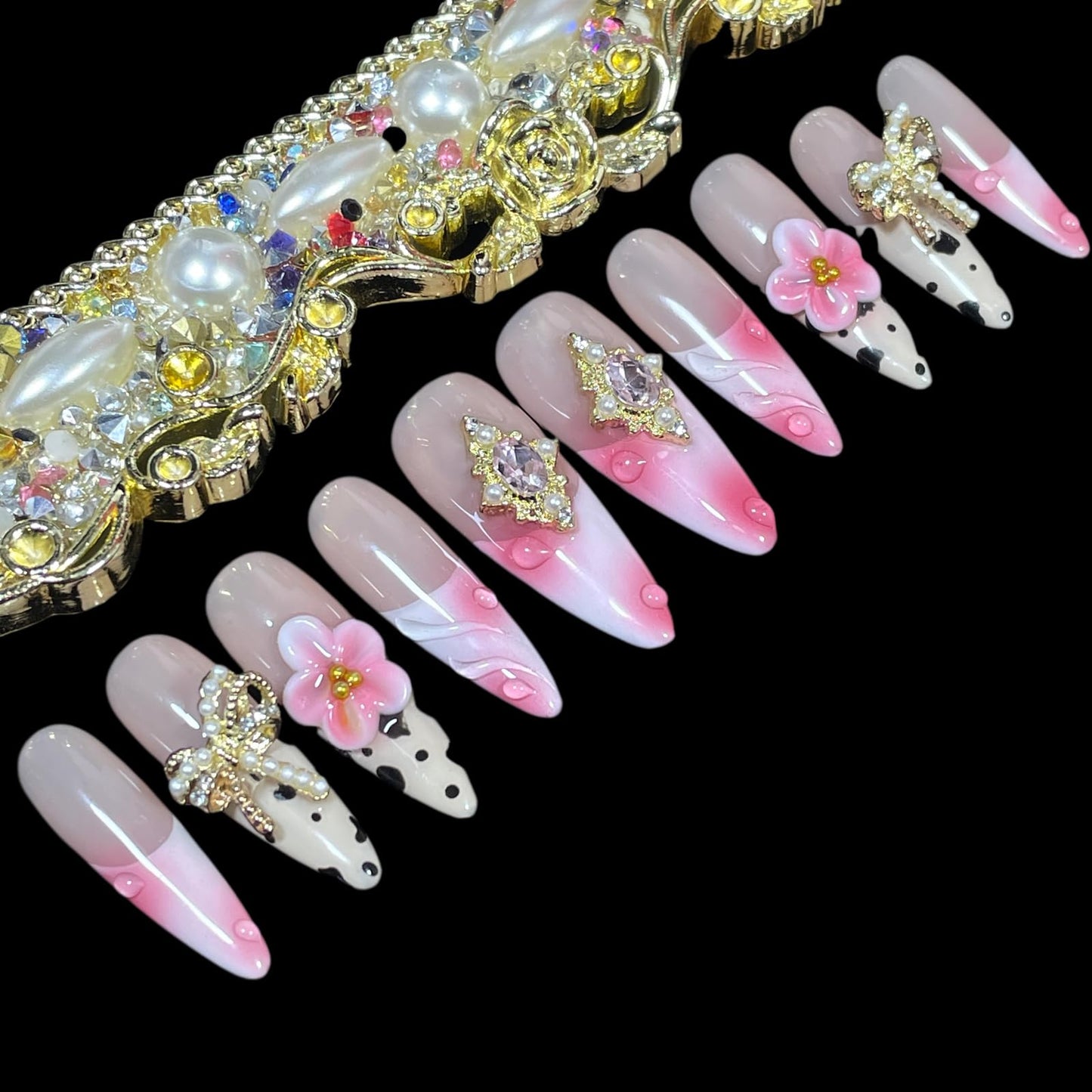 Handmade Press on Nails, Long Stiletto Acrylic False Nails with Pearl Bow, Pink Floral 3D Design, Vintage Rhinestone Embellished, Luxury Glamorous Set (Ribbon Elegance, L)
