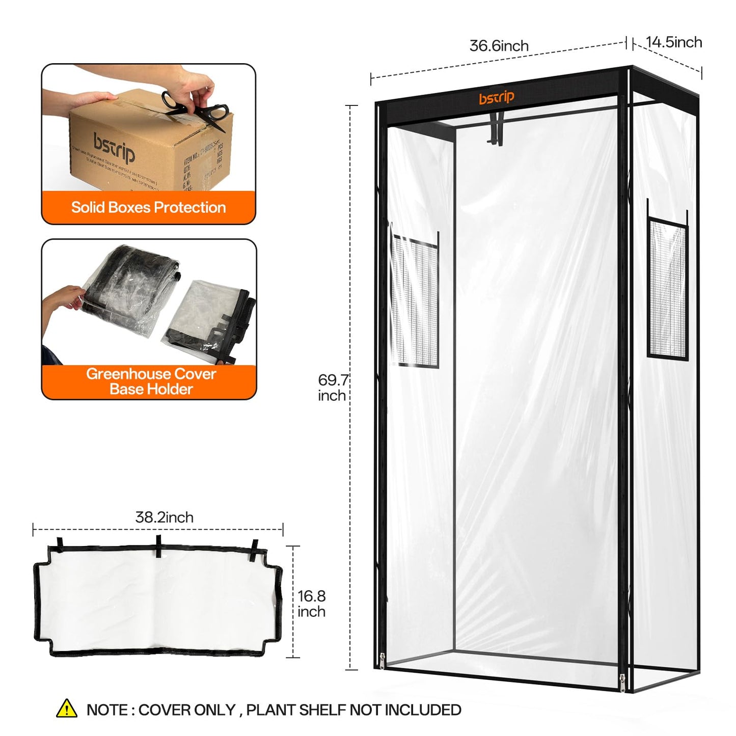 Bstrip Plant Cabinet with 3-Tier Shelf & 36.6"x14.5"x69.7" Greenhouse Cover Replacement with Base Tray – Indoor Transparent Plant Tent for 35.4"x13.8"x71" Shelf, 4x96W Grow Lights