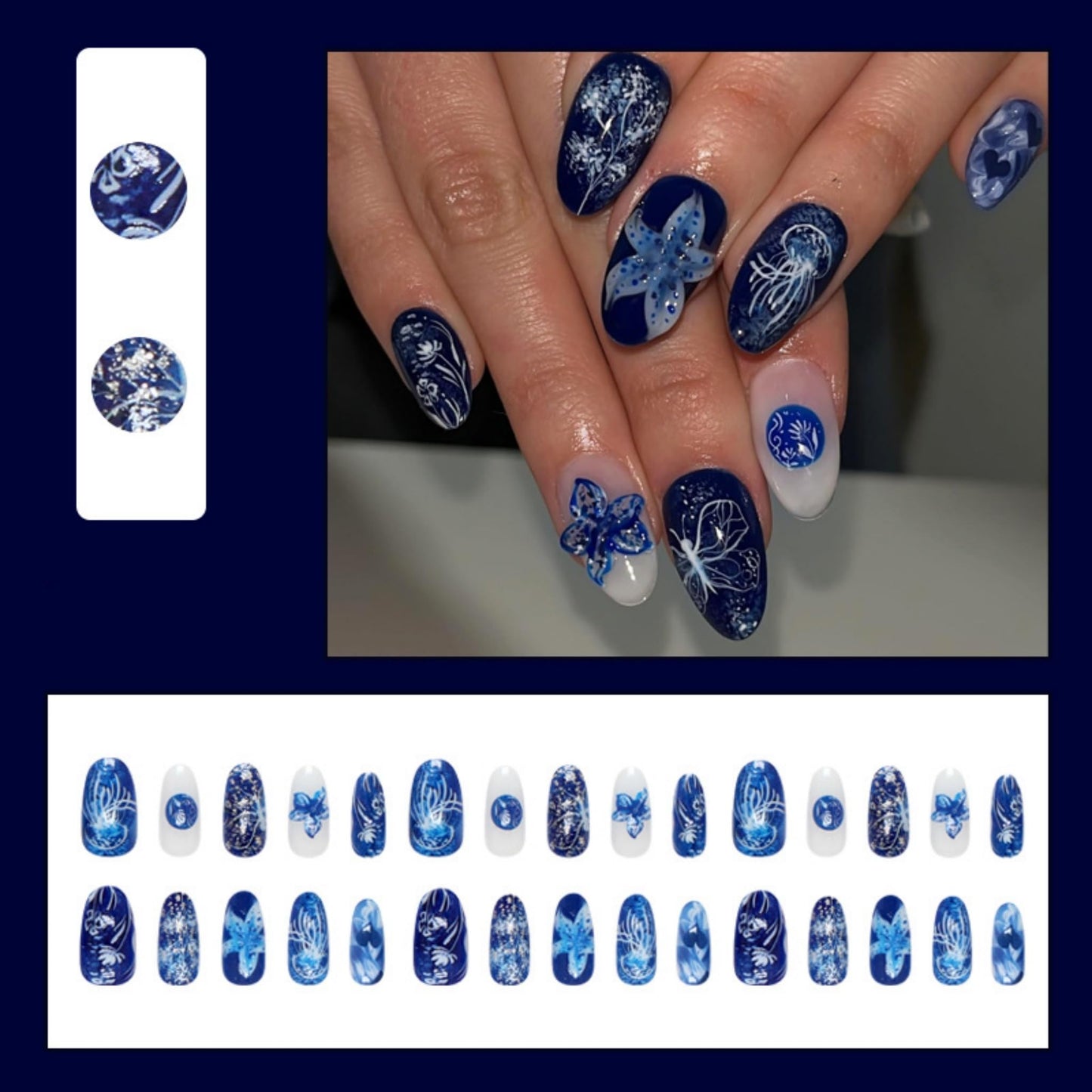 Medium Press on Nails Almond Fake Nails Blue Artificial Nail Seeneey Floral Designs Beach Stick on Nail for Women 24pcs