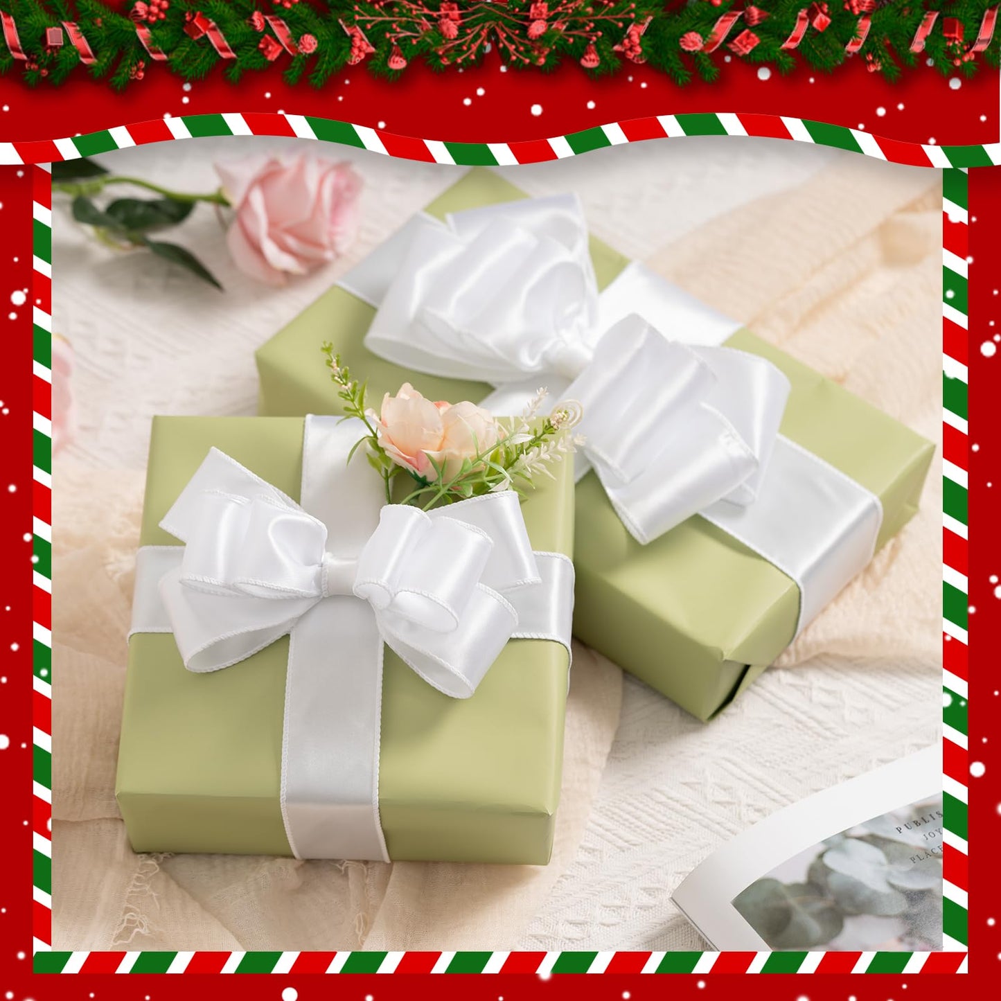 FAKILO White Satin Wired Ribbon 1.5 Inch X 20 Yards White Christmas Ribbon Wired for Gift Wrapping Christmas Tree Decoration Bows Making Wreath DIY Crafts Wedding Decor and Home Decor