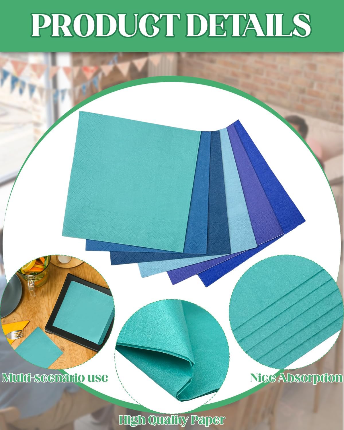 240 Count Dinner disposable Napkins Paper Blue series 6 colorsNapkin for Cocktail Birthday, Wedding, Party, Lunch, Dessert Napkins（5 * 5inch）