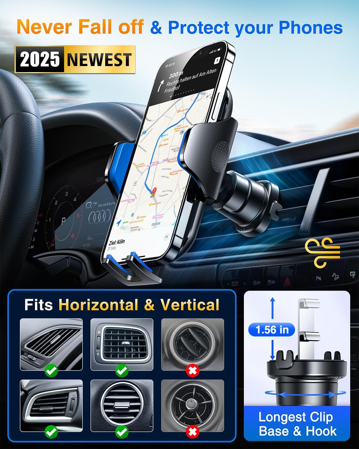 VANMASS Car Phone Holder Mount 2025 Upgraded [Patent Steel-Hook] Car Vent Phone Mount Clip Military-Grade Shockproof Cell Phone Car Mount Handsfree Truck Stand Vent Cradle for iPhone 16 Android,Blue