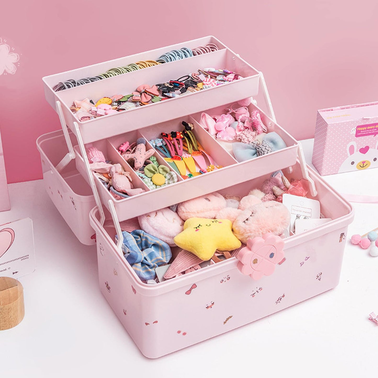 ZOOFOX Cute Hair Accessories Organizer for Girls, 3-Layers Pink Craft Storage Container with Handle, Lockable Storage Box for Hair Clip, Headband, Scrunchie, Cosmetic, Sewing, Toy, Washi Tape