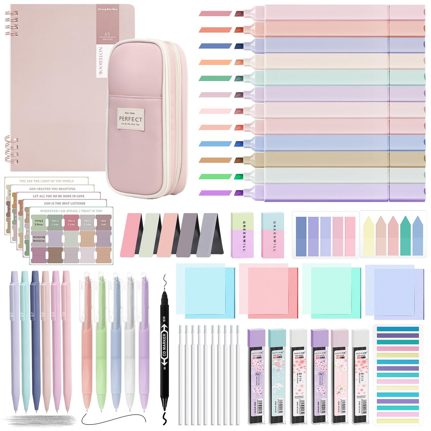 Focxoio Bible Study Supplies Journaling Kit with Pen Case,12 Pastel Highlighters,5 Black Ink Gel Pens, 6 Mechanical Pencils 0.5 & 0.7mm,Sticky Note Index Tab and So on for bible study
