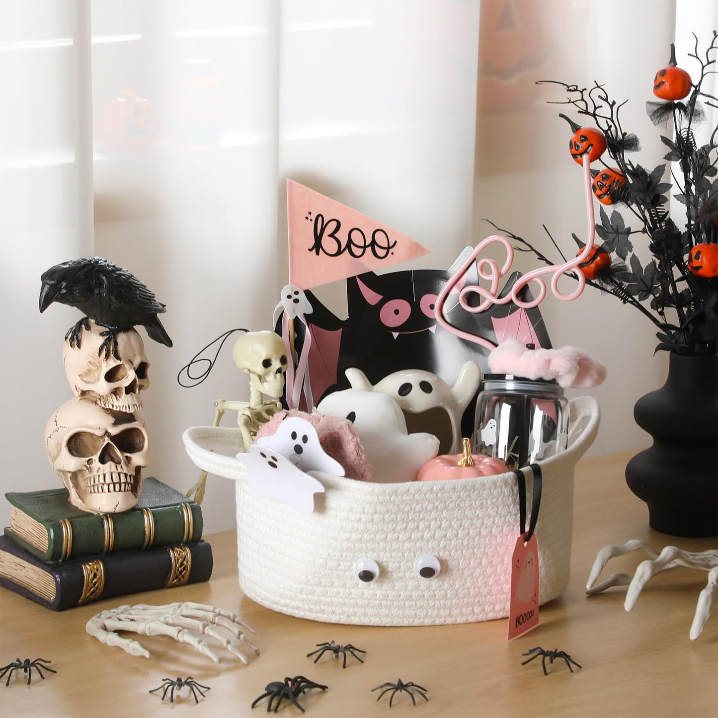 Reallnaive 12 Pcs Halloween Boo Gifts Basket Stuffers for Women Summer Halloween Spooky Ghost Cute Boo Basket Gifts Plastic Cups Paper Bat Plate Fuzzy Socks Skeleton Pendant for Her Sister Friends