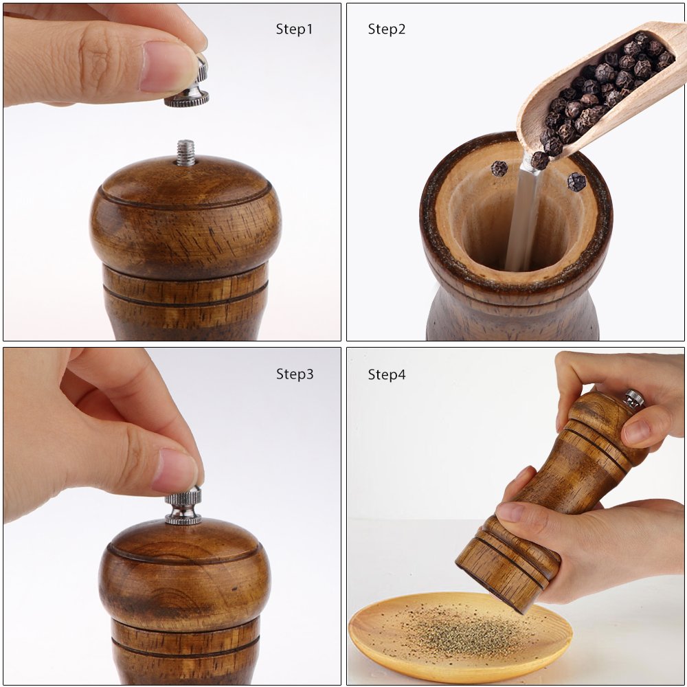 Pepper Mill - 5 inch Pepper Grinder Pepper Grinder Refillable Oak Salt and Pepper Grinder Set Sea Salt Grinder Ceramic Pepper Mill Grinder Adjustable Coarse to Fine pepper Grinder Mill (2Pack)