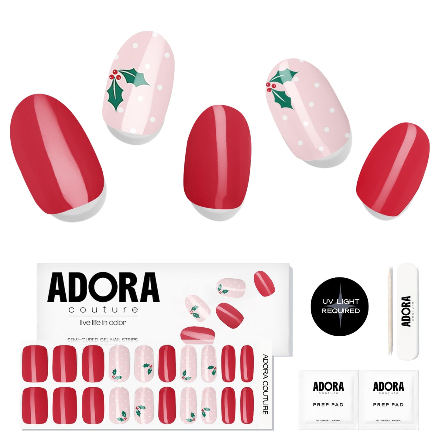 Semi-Cured Gel Nail Strips - 20 Salon-Quality Gel Sticker with UV Light Required, Long Lasting, Easy Application & Removal, Includes Prep Pad, Nail File, Wooden Stick (Merry Mistletoe)
