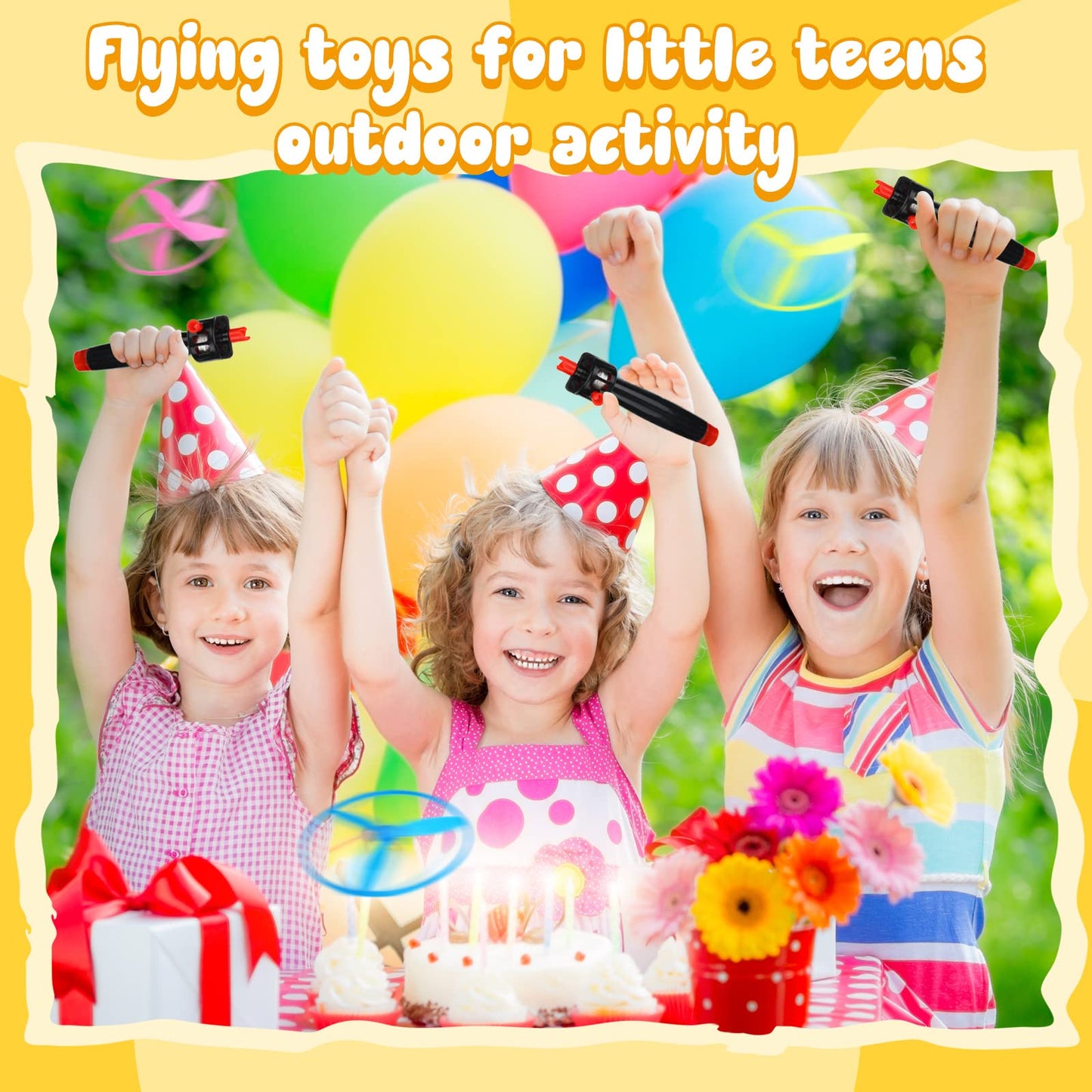 Meooeck Disk Helicopter Toy Disco Flyers Include 12 String Launchers and 24 Flying Saucer Disk Launcher Toy Fly Toys for Outdoor Activity Little Teens Birthday Party Favors(36 Pcs)
