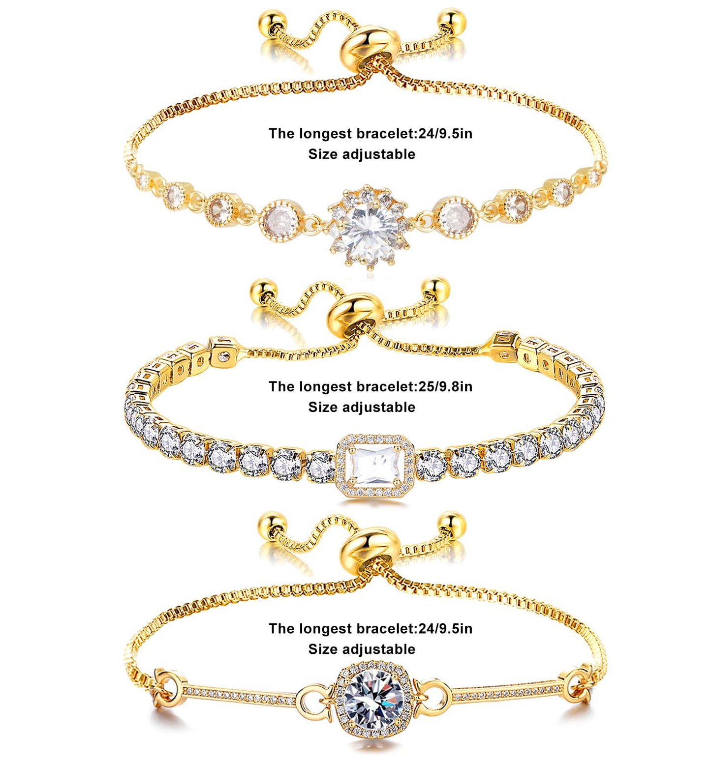 Wovanoo Tennis Bracelet for Women Cubic Zirconia Bracelets Adjustable Slider Bracelets Gold 03