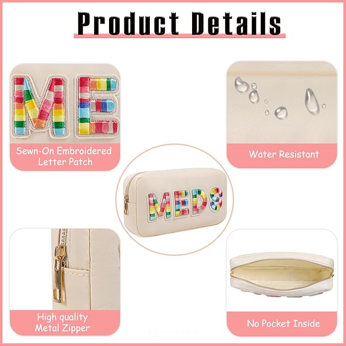 2Pcs Chenille Letter Patch Nylon Medicine Makeup Bag Set,Cute MEDS Travel Makeup Bag with Metal Zipper, First Aid Purse Organizer Cosmetic Bag for Women and Girls(MEDS and RX)