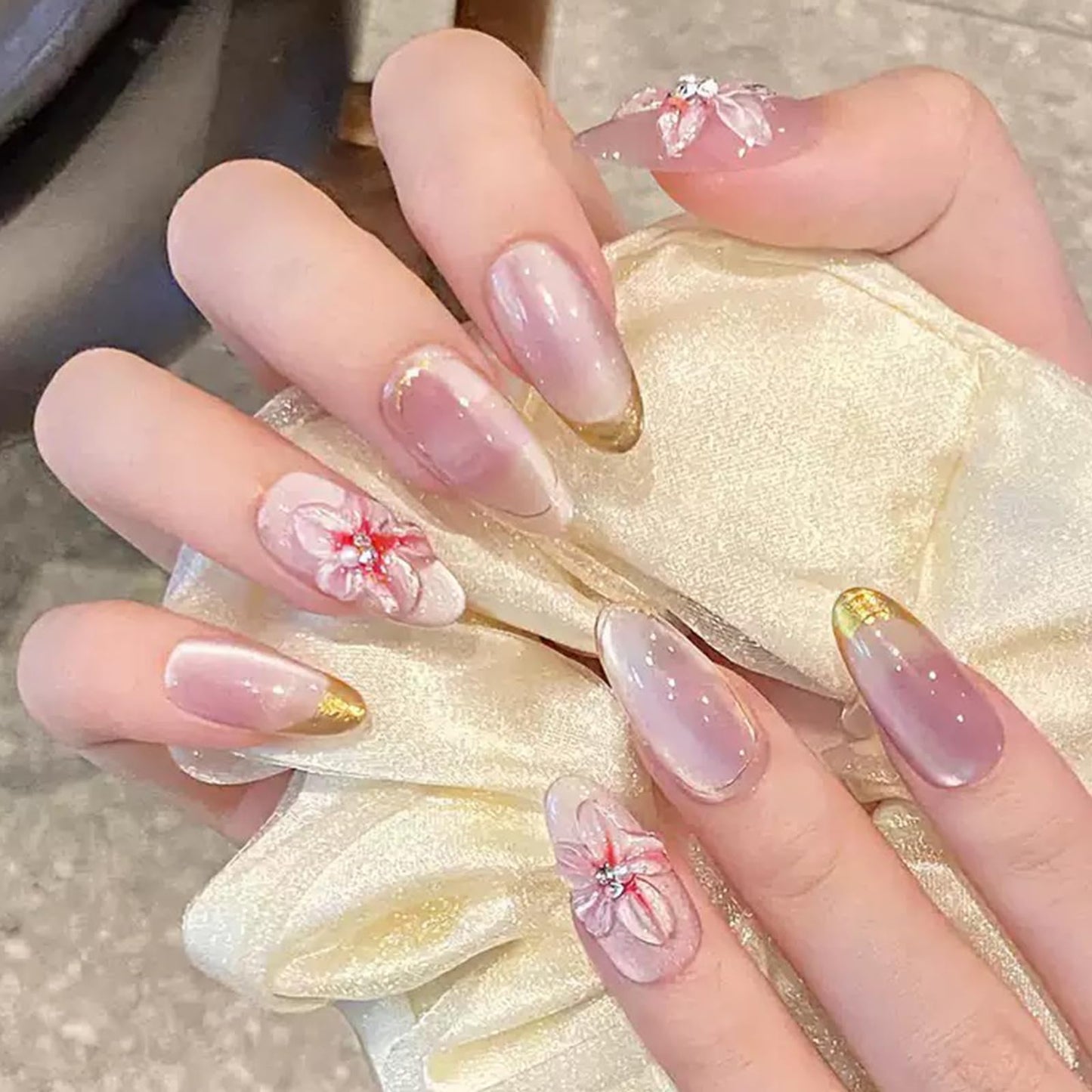 Almond Press on Nails Medium 3D Flowers Fake Nails Cat Eye Acrylic Nails Spring False Nails Gold French Artificial Nails Glossy Glue on Nails for Women Manicure Nails Decoration 24Pcs