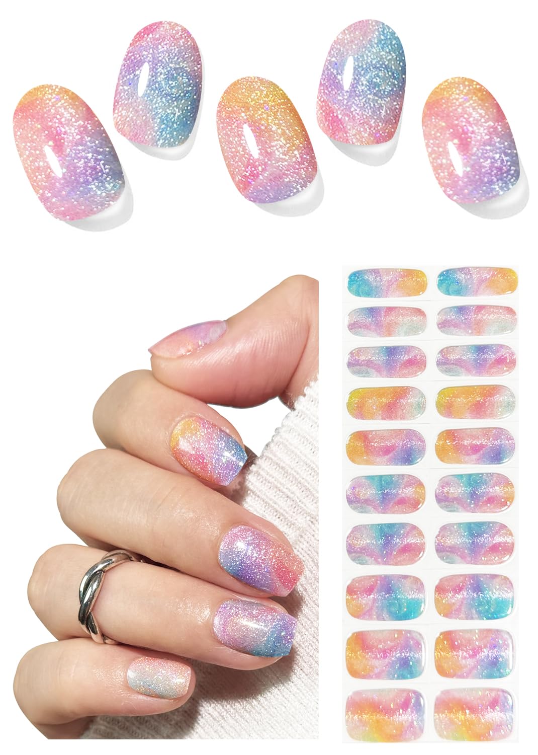 Spring Semi Cured Gel Nail Strips, Spring Rainbow, Colorful Cat Eye 20pcs Adhesive UV Sticker, Wraps for Home Manicure DIY