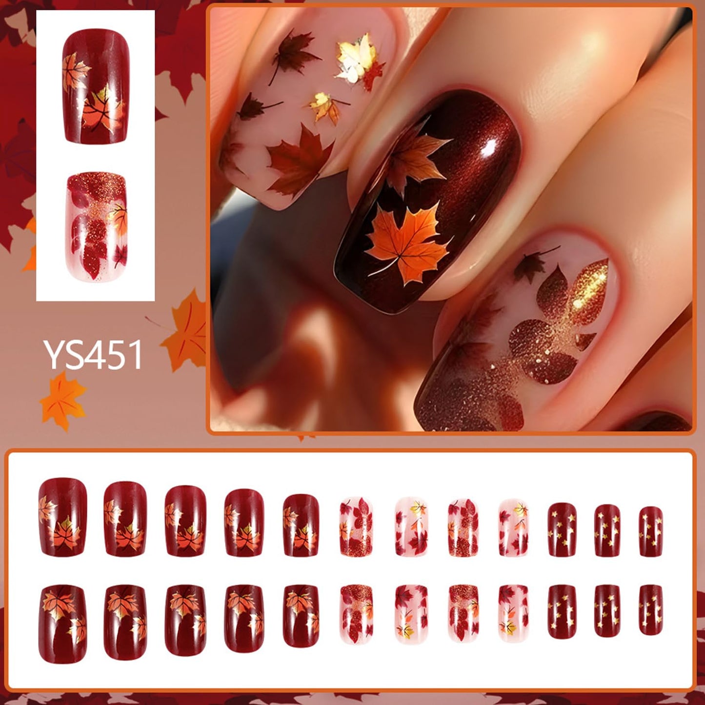Thanksgiving Press on Nails Medium Ballet Maple Leaf Acrylic Nails Glitter Powder Maple Leaf Design Fall Stick on Nail Full Cover Glossy Artificial Fingernails Autumn Festival Glue on Nails for Women