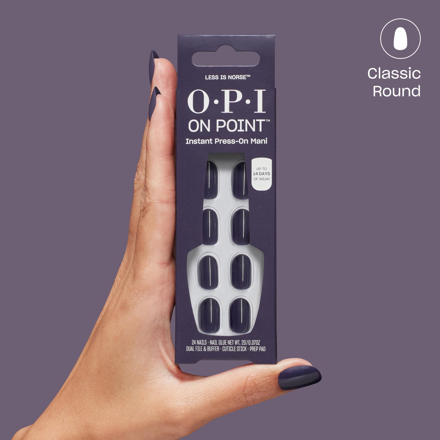 OPI On Point Less is Norse | Short Round Dark Deep Blue Press On Nails | 24 Count with Nail Glue | Long Lasting, Reusable, Non-damaging | Fall 2025 Shades