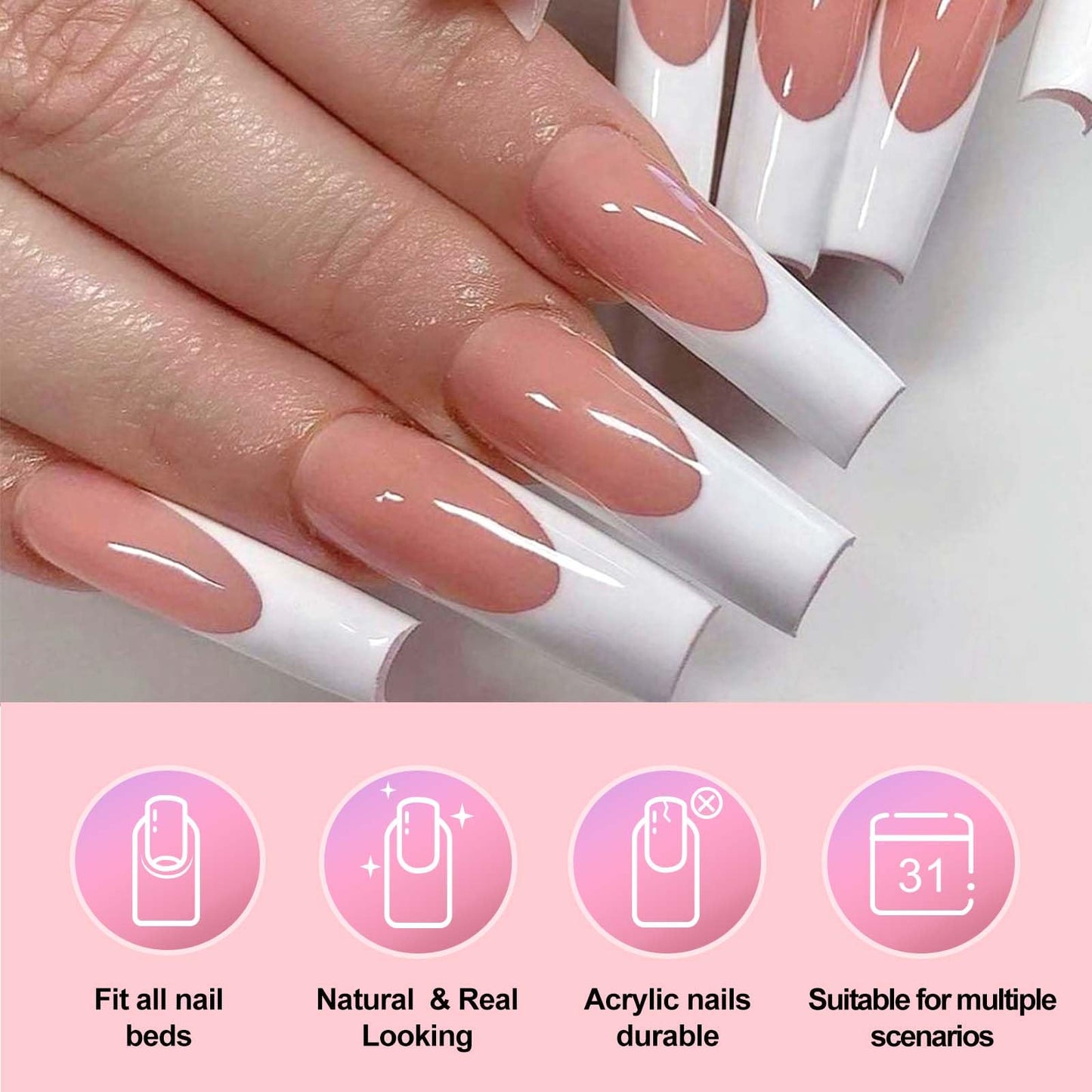 120 pcs French Tips Press on Nails Long Square Fake Nails White Tips False Nails Full Cover Acrylic Glue on Nails Coffin Nail Press ons with Adhesive Tabs for Women Manicure 12 Size