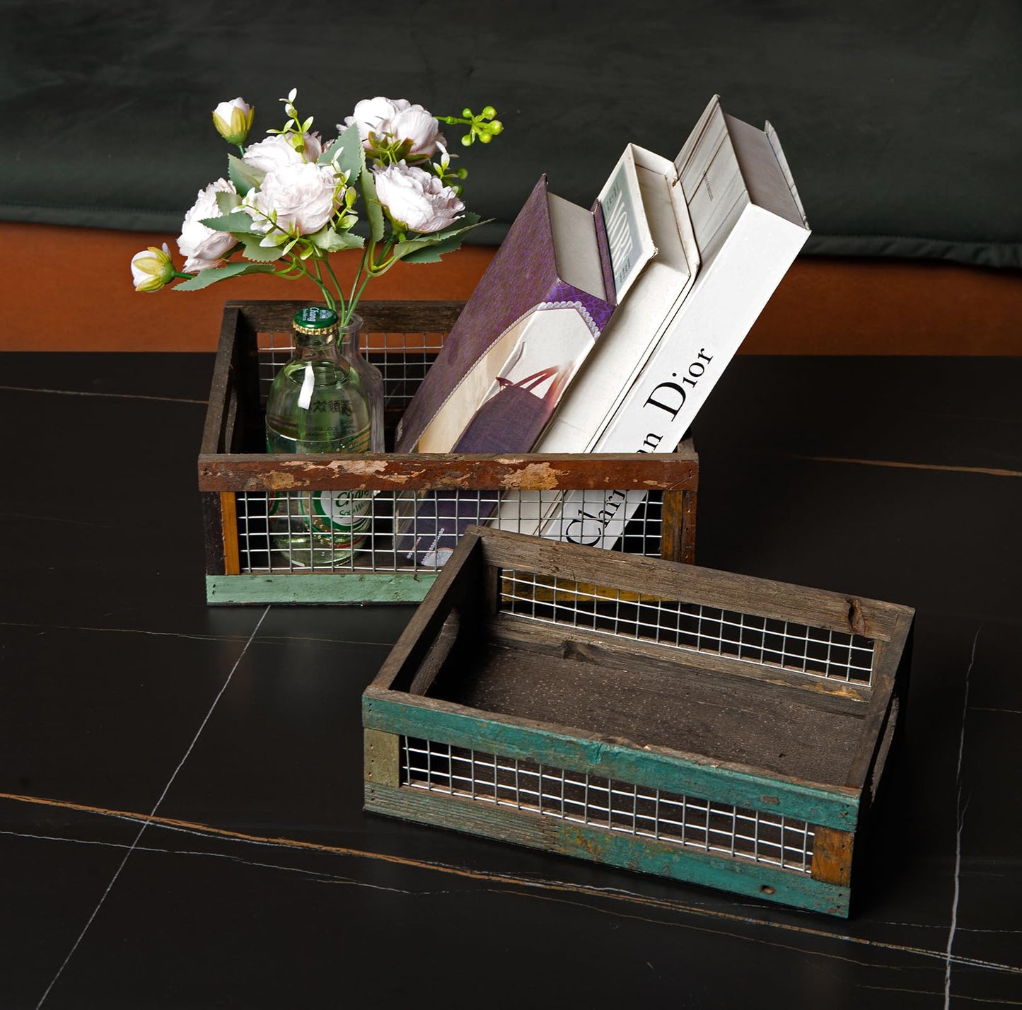 TIMRIS Set of 2 Rustic Wooden Countertop Baskets, Farmhouse Distressed Nesting Boxes, Small Decorative Wooden Storage Crates, Reclaimed Wood Organizer Baskets with Wire Mesh (Random)