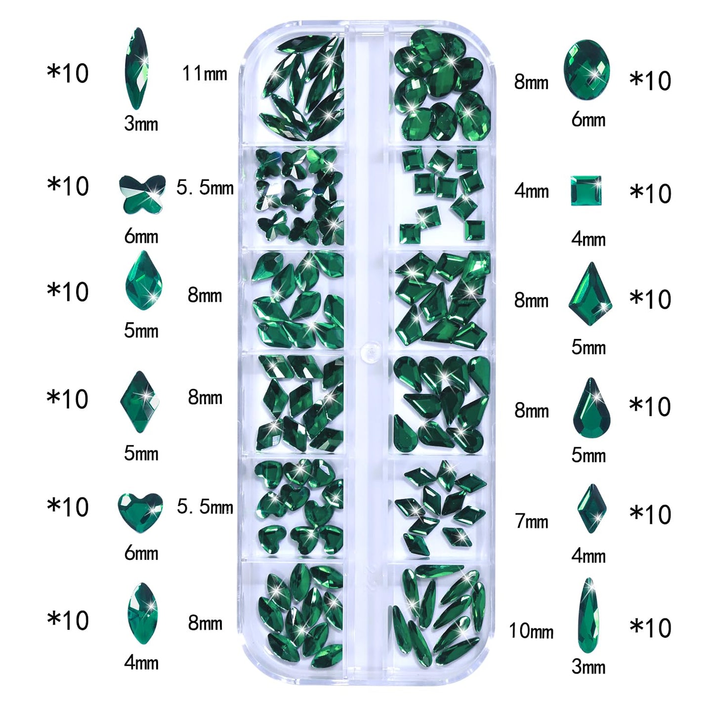 Nail Rhinestones - 3D Multi Shape Size, Flat Back, Crystals Manicure Rhinestones Charms, Green Nail Gems, with Kit, for Nail Art, Bedazzling Acrylic Nails, DIY Decor
