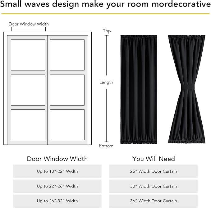NICETOWN French Door Curtains for Door Window, 100% Blackout Privacy Thermal Insulated Window Covering for French Front Glass, 1 Panel, Black, 25 x 72 inches Long