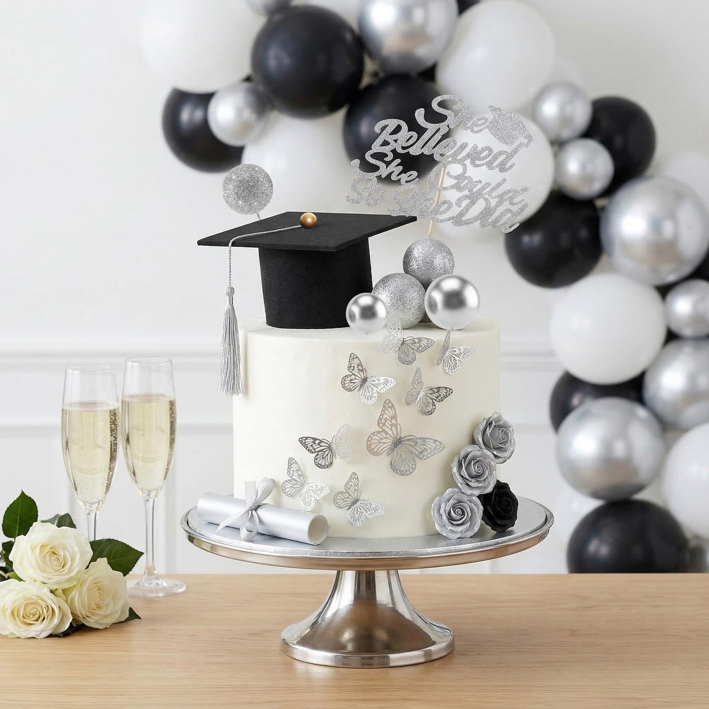 35 Pcs Graduation Cake Toppers Class of 2026 Graduations Cap Diploma She Believed She Could Beads Flowers Butterfly Cake Decorations for 2026 Graduation Party Supplies
