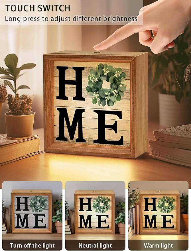 Wood Night Light Box 6.5x6.5in,Home Green Eucalyptus Wreath Table Lights Wooden Picture Frame with USB Rechargeable Touch LED Lights for Home Decor Desktop Display,Farm Vintage Wood Board