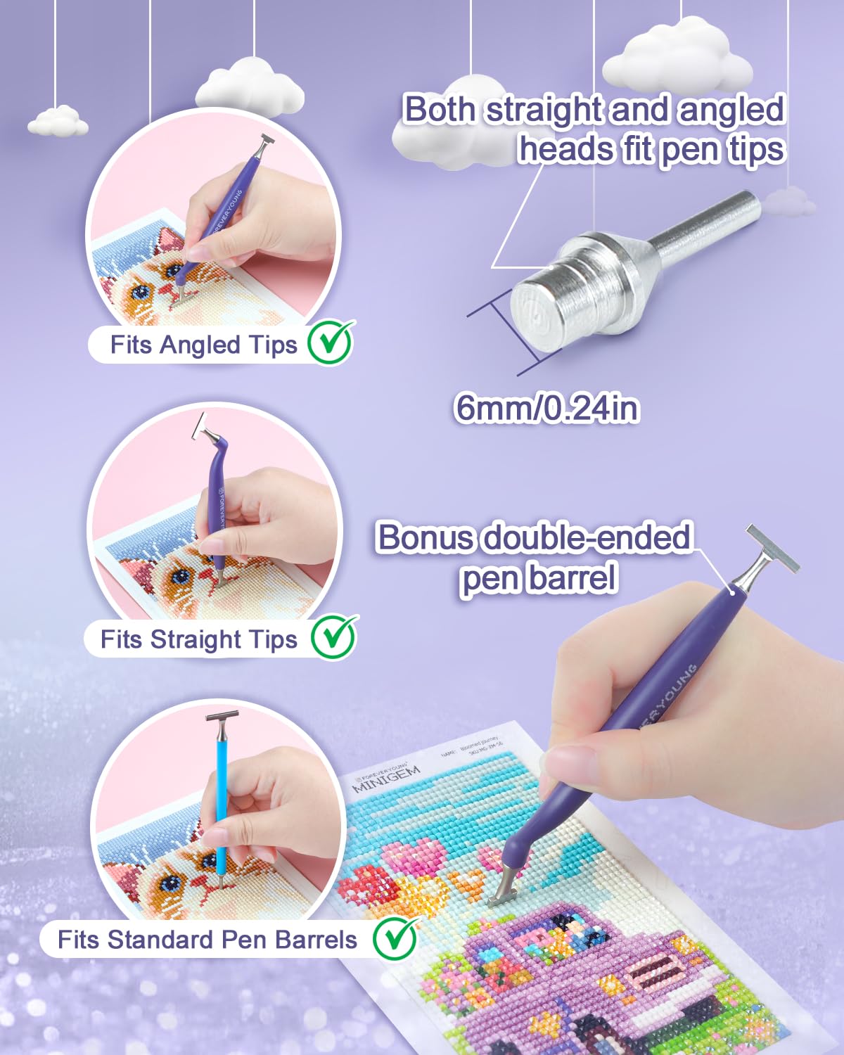 ForeverYoung Stainless Steel Diamond Painting Pen Tips Kit, Unbreakable, Shape-Stable, Thin, Diamond Art Accessories and Tools, Multi-Size Drill Placement, Includes Pen and Three Drill Tips (1&4&8)
