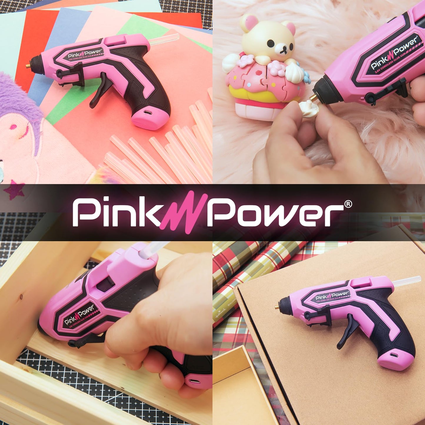 Pink Power Mini Cordless Hot Glue Gun Kit with Stand – 20 Sticks, Battery Powered, Wireless, Fast Heating, USB Rechargeable, Portable Glue Gun for DIY Crafts, Home Repairs, and School Projects