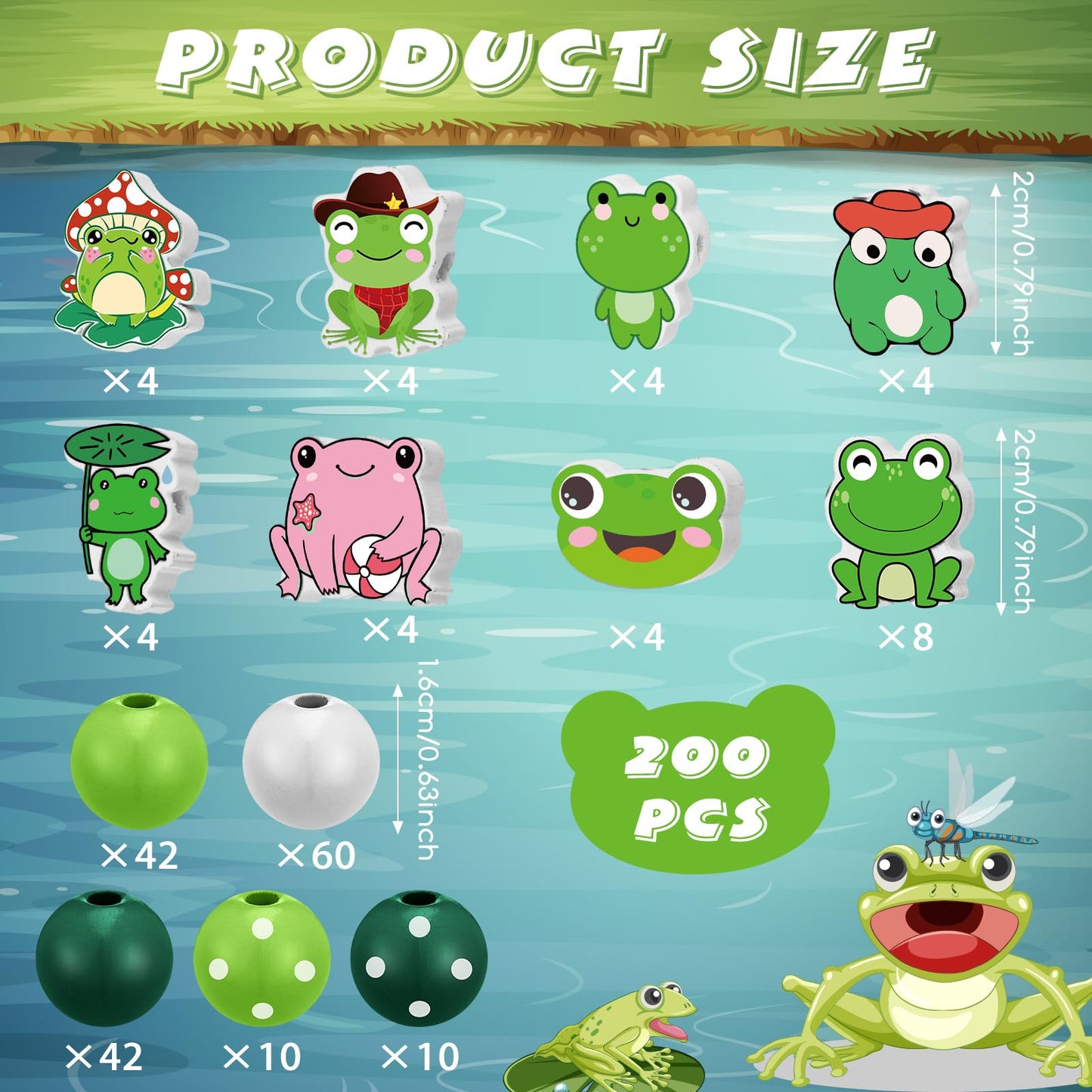 Ripeng 200 Pcs Summer Frog Wooden Beads Cute Animal Wood Beads Green Frog Shaped Bead for DIY Crafts Garlands Home Decorations Key Chains Macrame Crafts Bracelet Jewelry Making