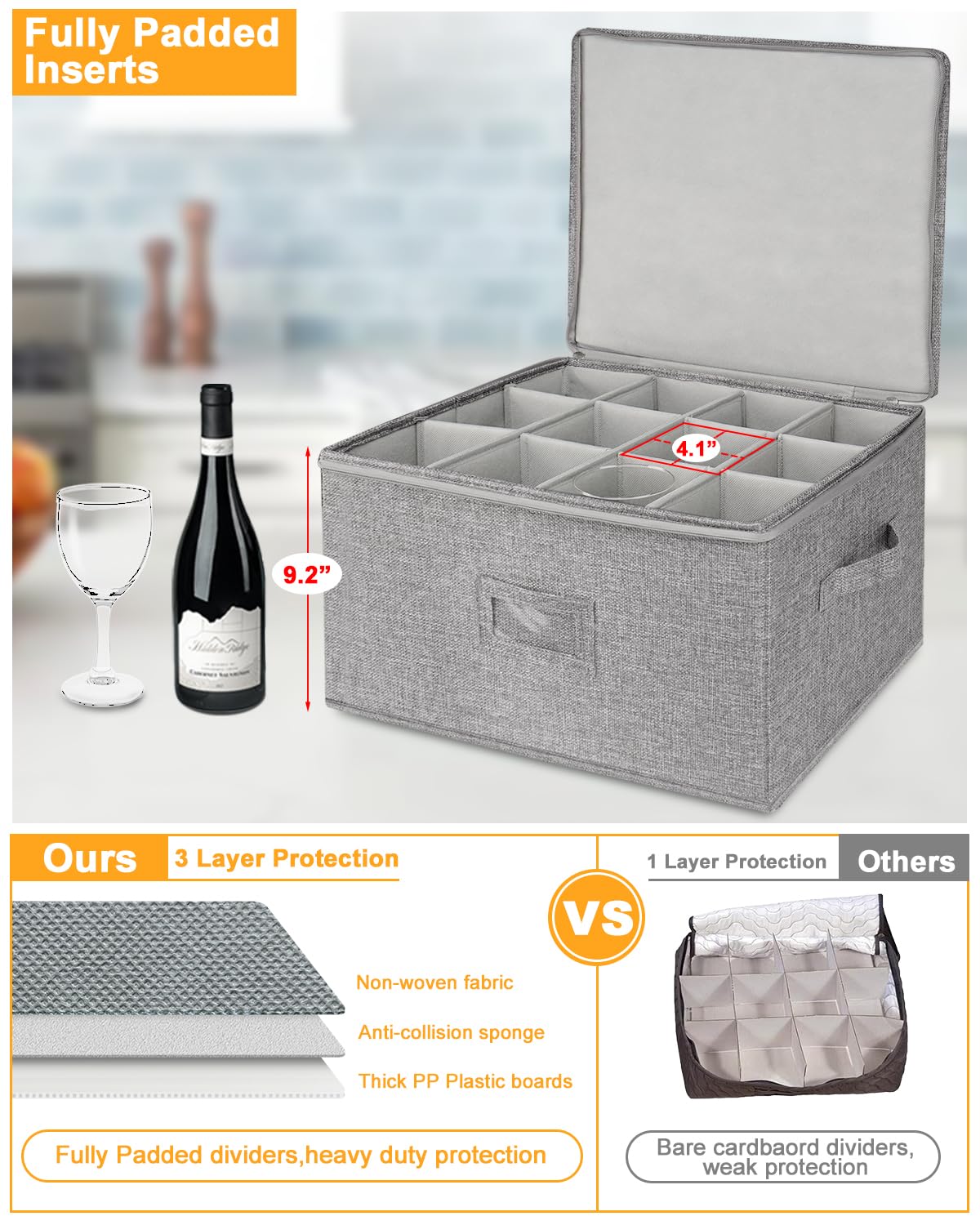 punemi Wine Glass Storage Box, Glassware Storage Containers w/Hard Shell Side Bottom Support & Padded Dividers, Stackable Stemware Storage Case for 24 China Crystal Glasses Drinkware, Moving Supplies