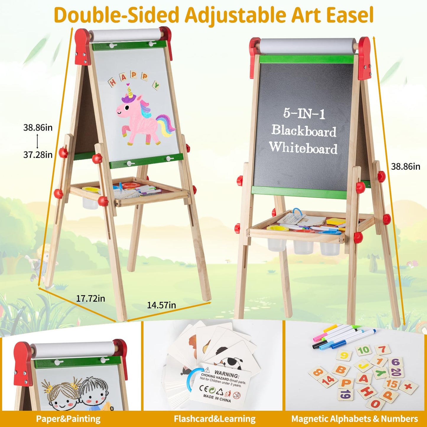 Kids Art Easel with Paper Roll for Toddlers, Adjustable Double Sided Magnetic Drawing Board Dry Erase Whiteboard & Chalkboard，Easel for Toddlers 2-4 Years Painting Wooden Easel Kids 4-8