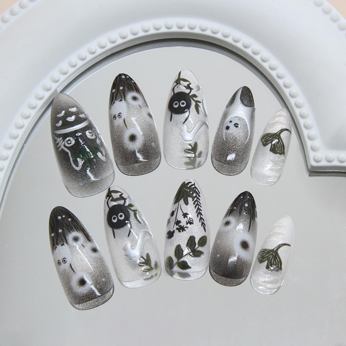 Mkwntg 24Pcs Halloween Press on Nails Medium Fake Nails with 3D Silver Chrome Design Black Cat Dandelion Cute Ghost Acrylic False Nails Ginkgo Leaf Y2K Full Cover Stick on Nails for Manicure DIY