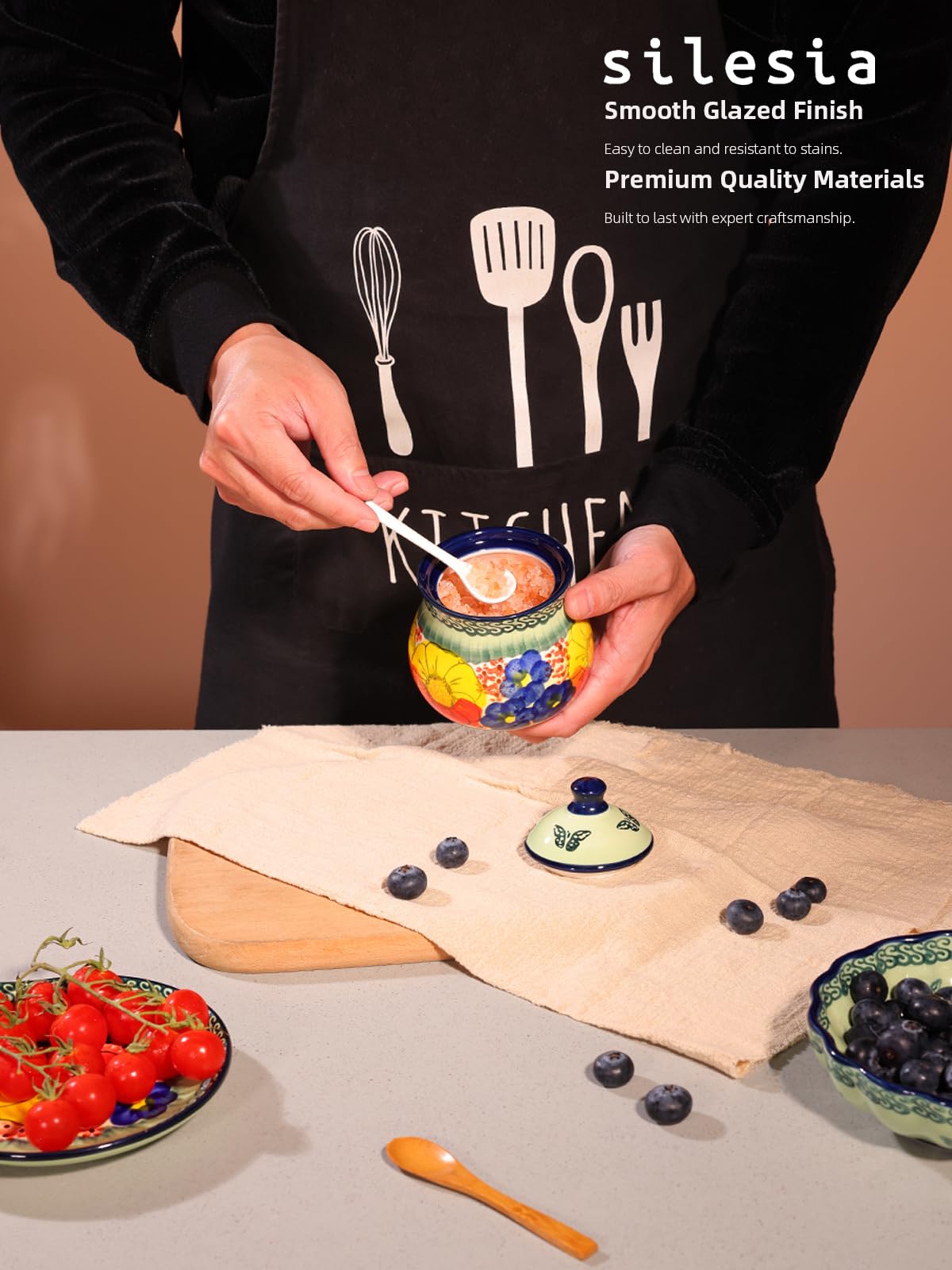 silesia Handmade Sugar Bowl with Lid and Spoon, 9 Ounce Ceramic Hand-Painted Sugar Jar for Home in Gift Box, Kitchen Decor, Oven, Dishwasher & Microwave Safe, Glazed Green